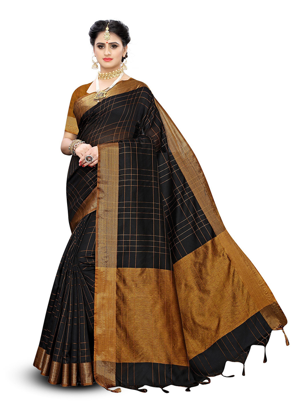 

KALINI Woven Design Zari Silk Cotton Kanjeevaram Saree, Black