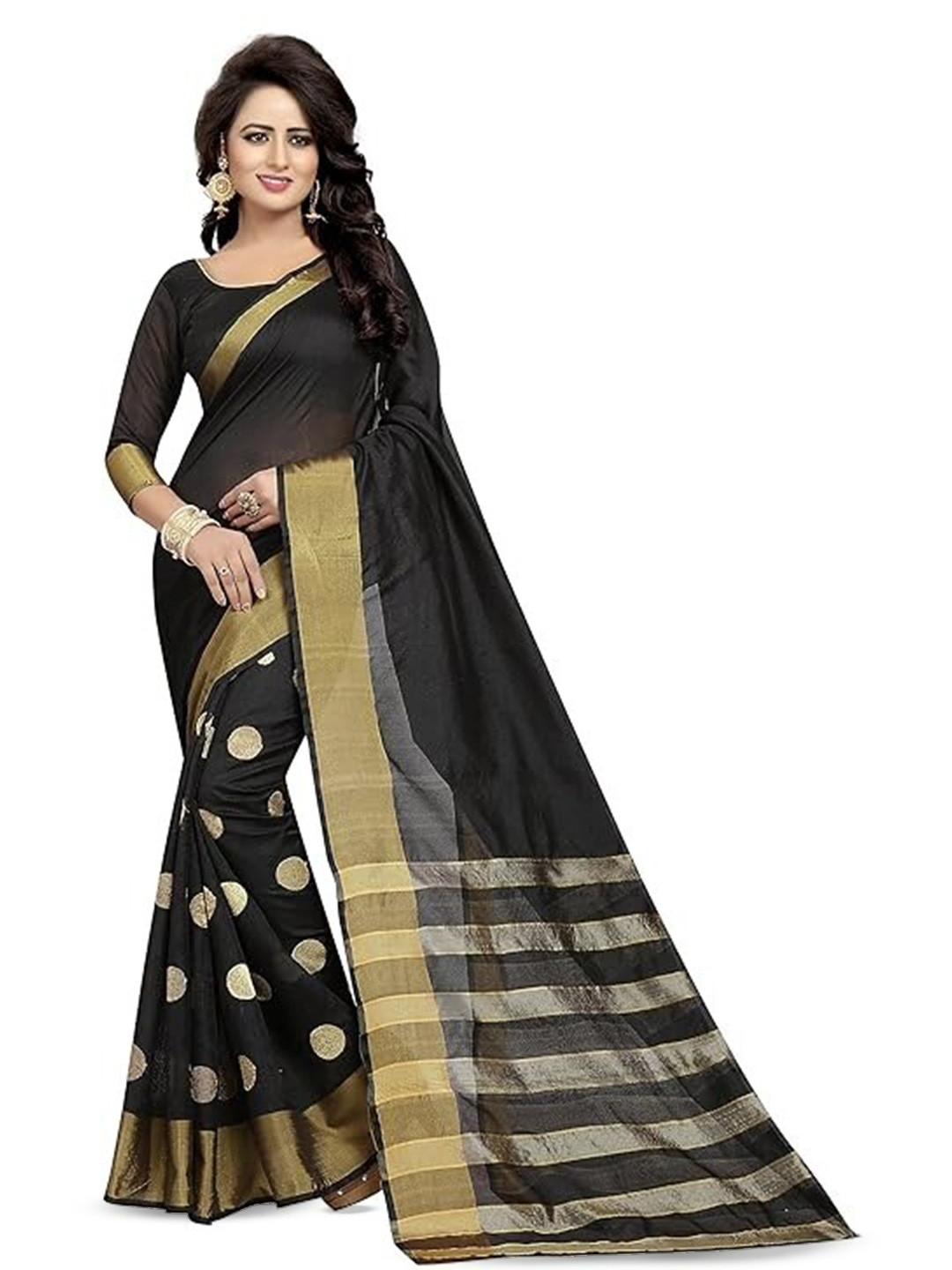 

KALINI Zari Silk Cotton Kanjeevaram Saree, Black