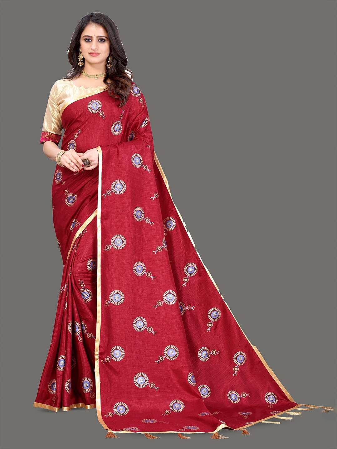 

KALINI Ethnic Motifs Embroidered Kanjeevaram Silk Cotton Saree, Red