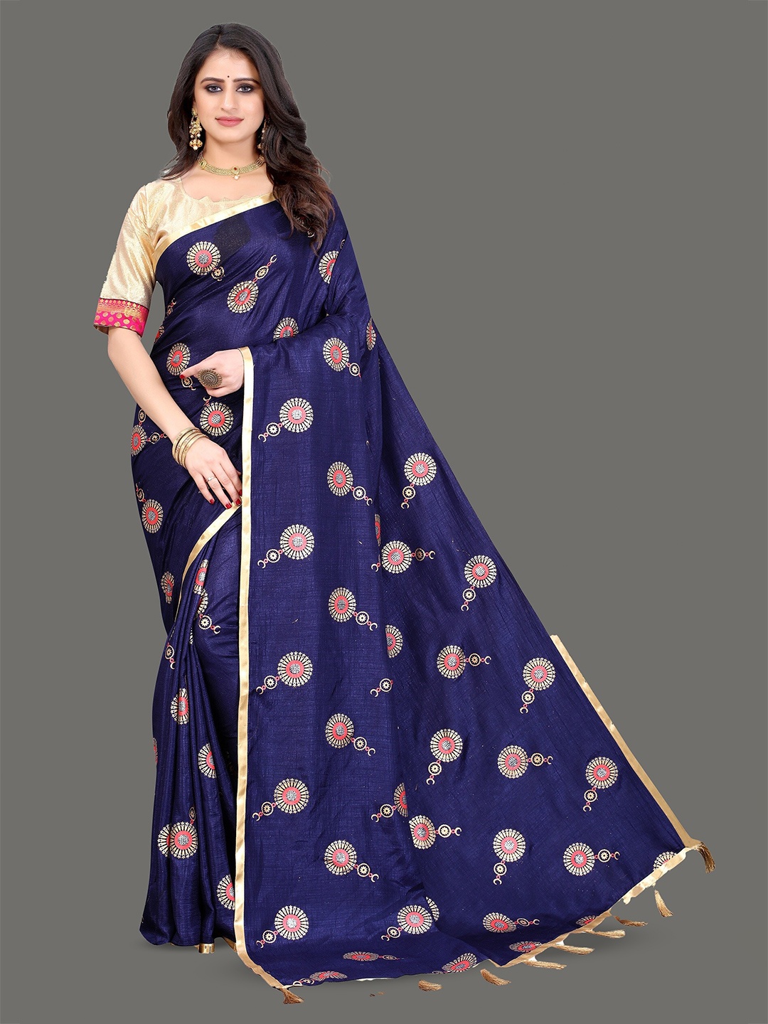 

KALINI Ethnic Motifs Zari Silk Cotton Kanjeevaram Saree, Navy blue