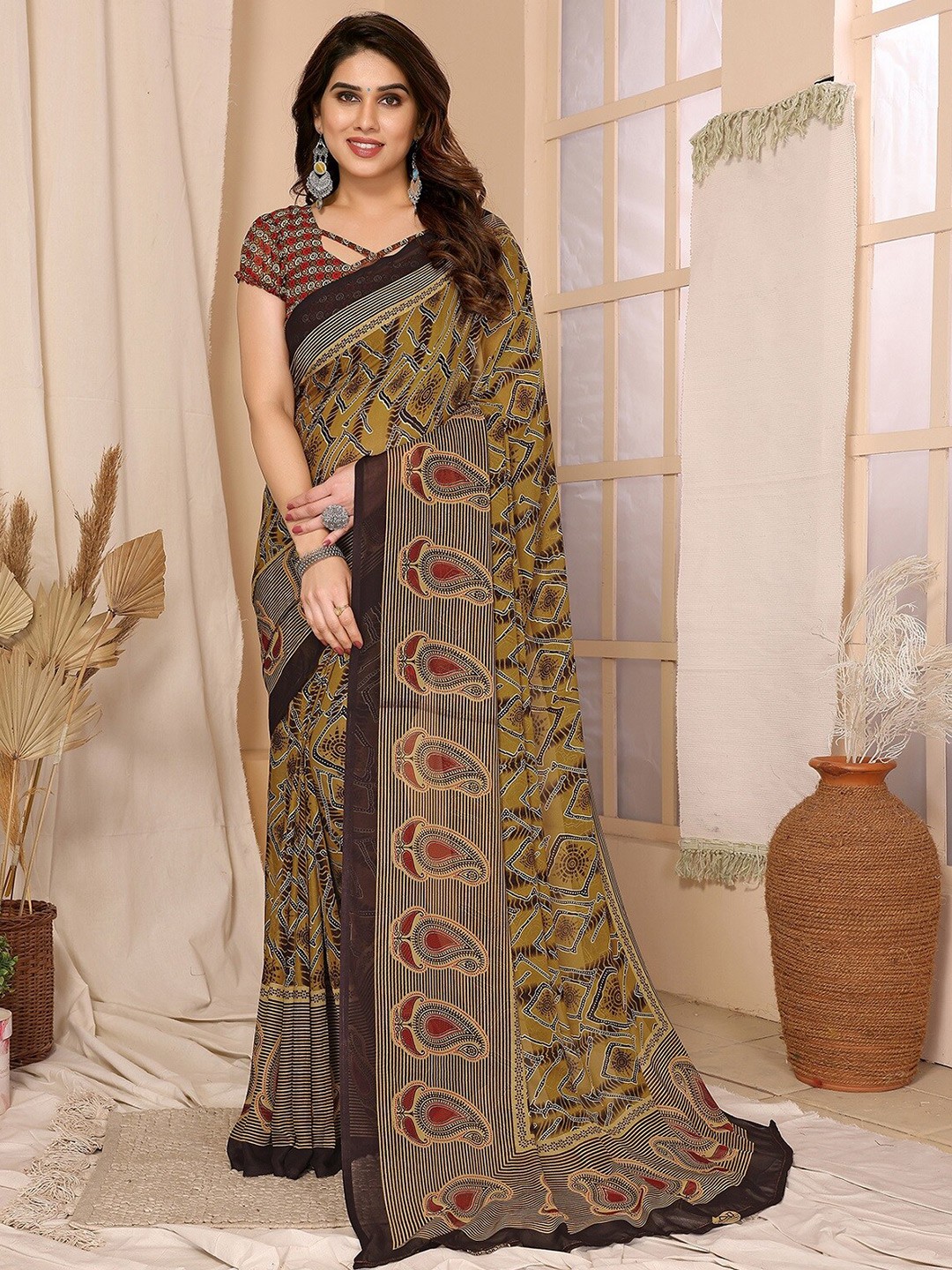 

KALINI Ethnic Motifs Silk Cotton Kanjeevaram Saree, Brown