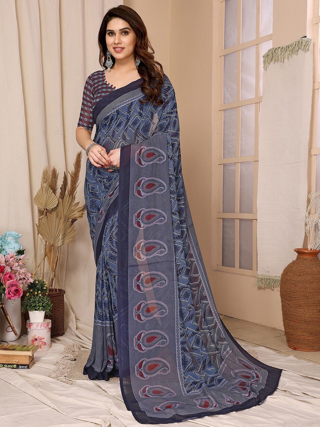 

KALINI Ethnic Motifs Silk Cotton Kanjeevaram Saree, Navy blue