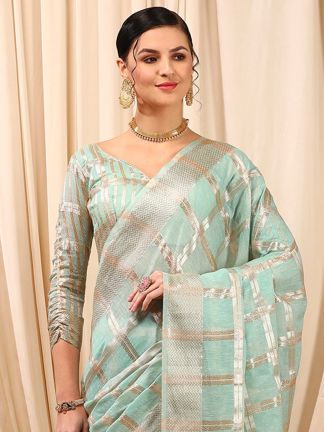 

Mitera Woven Design Zari Poly Linen Banarasi Saree, Turquoise blue