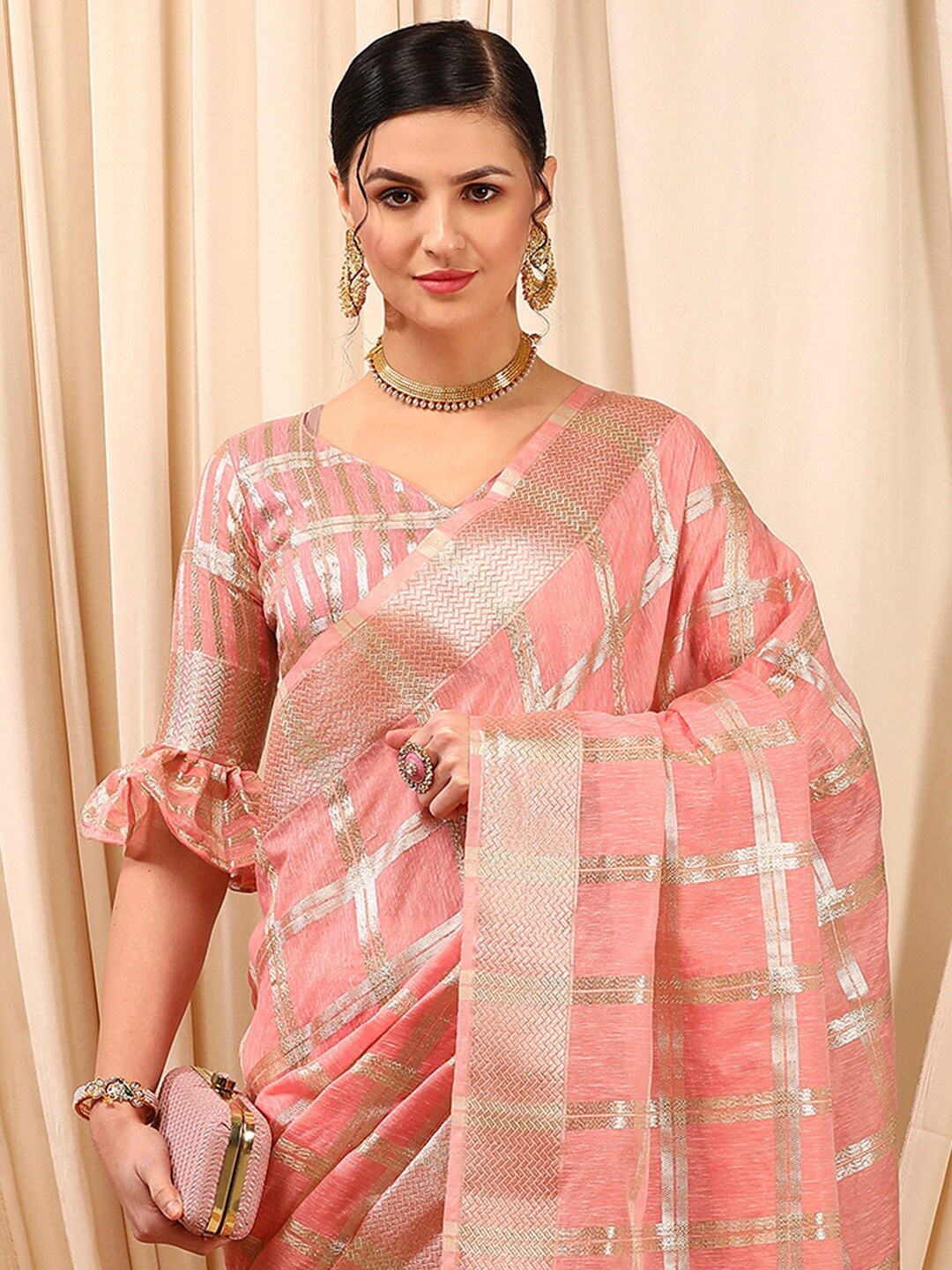 

Mitera Checked Zari Pure Linen Banarasi Saree, Pink
