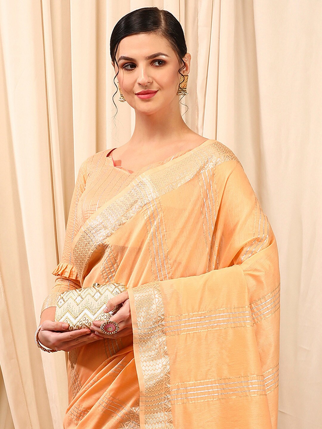 

Mitera Striped Zari Poly Linen Banarasi Saree, Peach