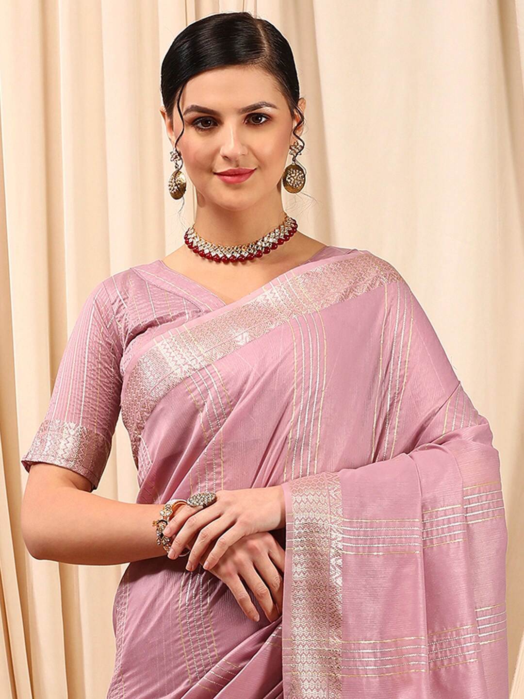 

Mitera Striped Zari Poly Linen Banarasi Saree, Mauve