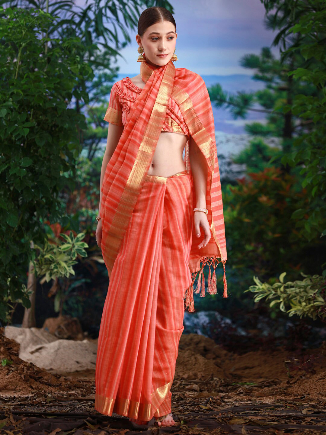 

Saree mall Striped Zari Pure Linen Banarasi Sarees, Orange