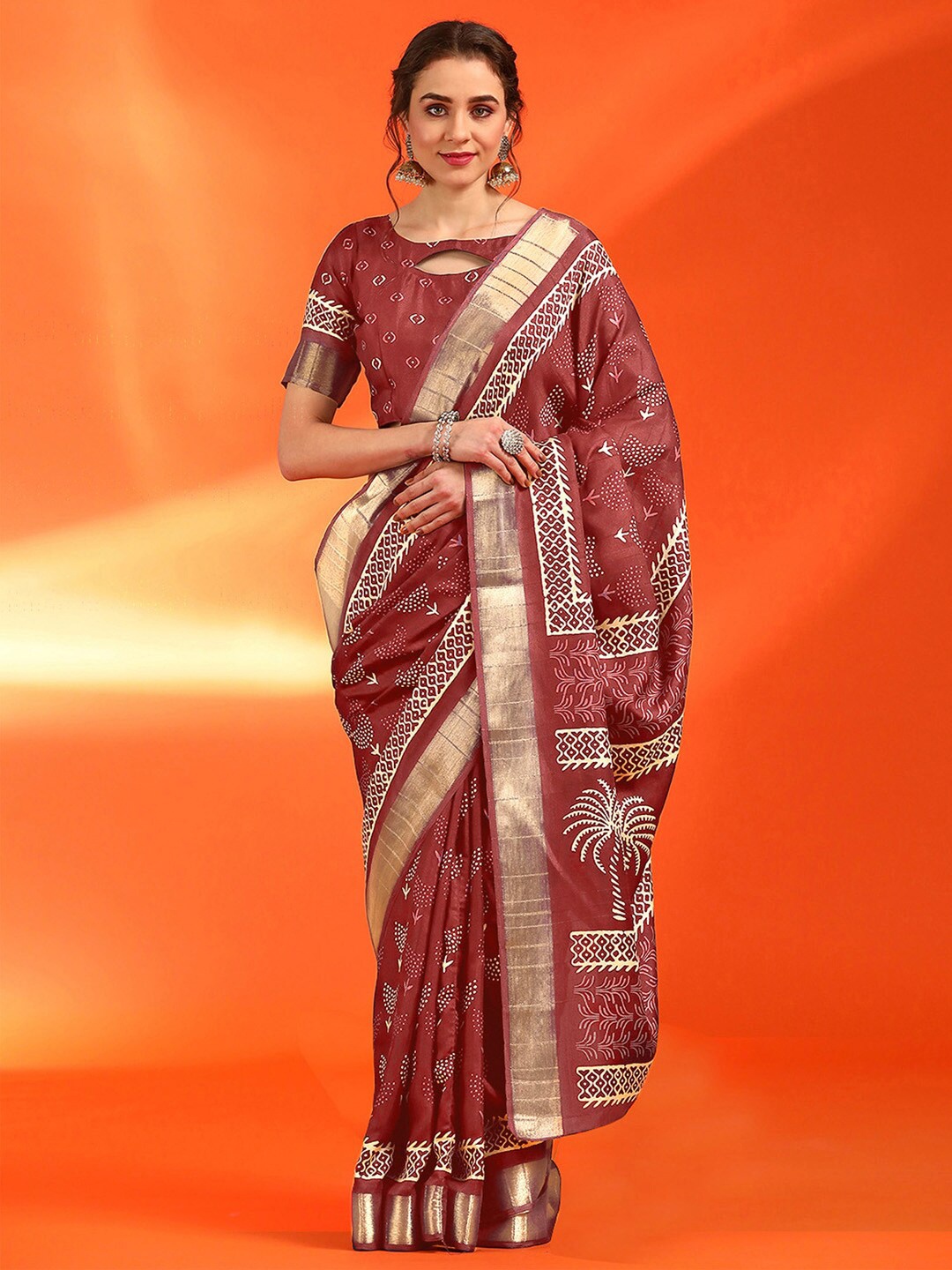 

Saree mall Ethnic Motifs Zari Sungudi Sarees, Rust