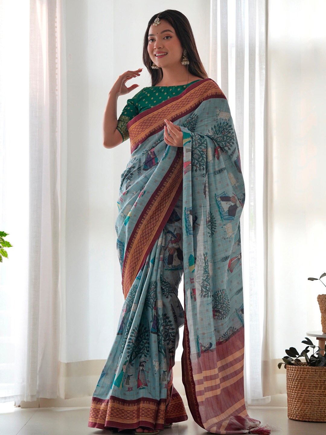 

Saree mall Ethnic Motifs Zari Sungudi Sarees, Blue