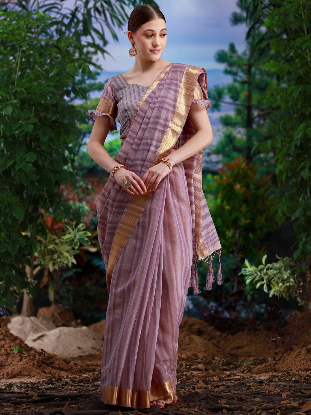 

Saree mall Striped Sequinned Pure Linen Banarasi Sarees, Mauve