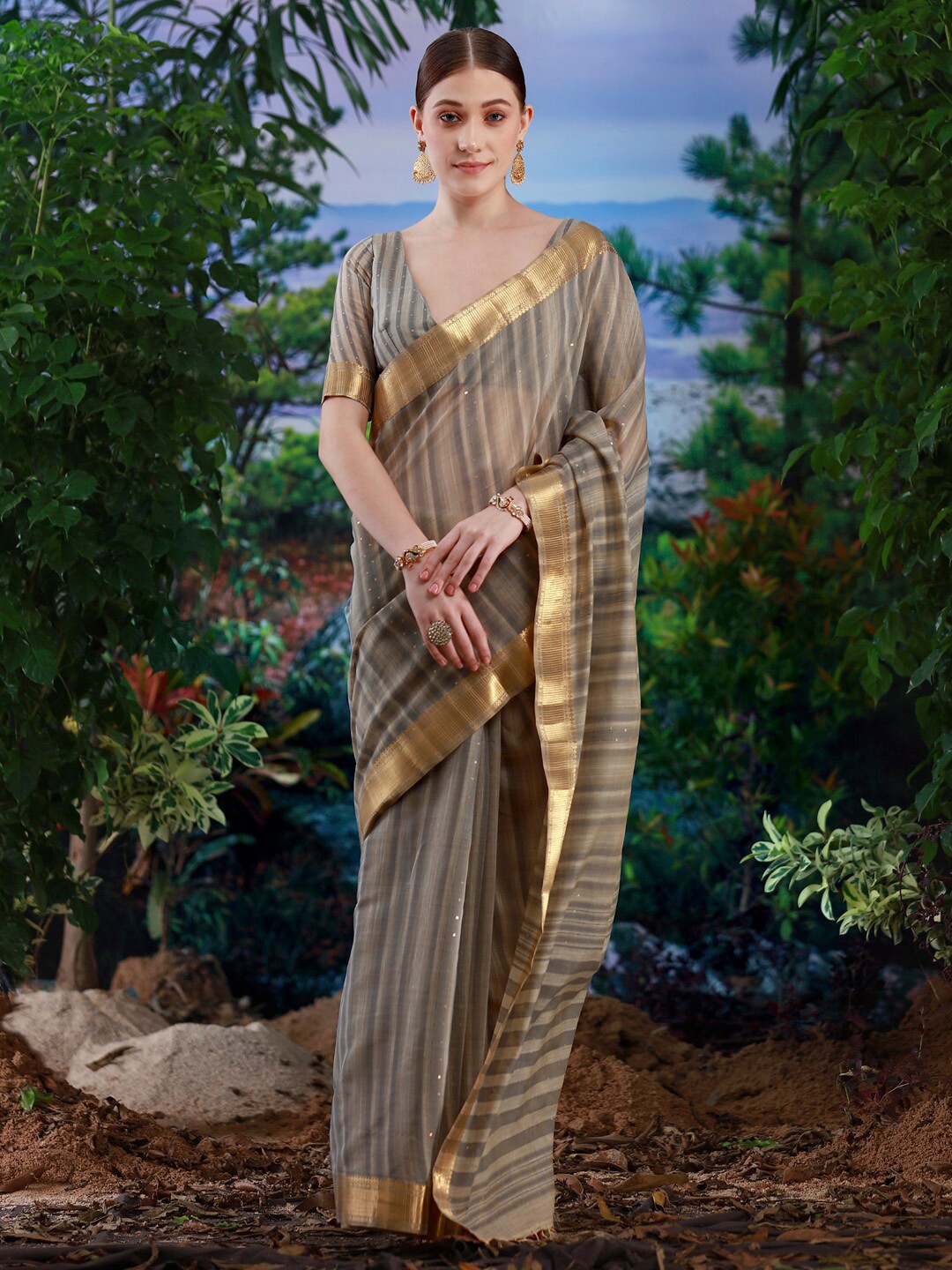 

Saree mall Woven Design Zari Poly Linen Banarasi Sarees, Grey