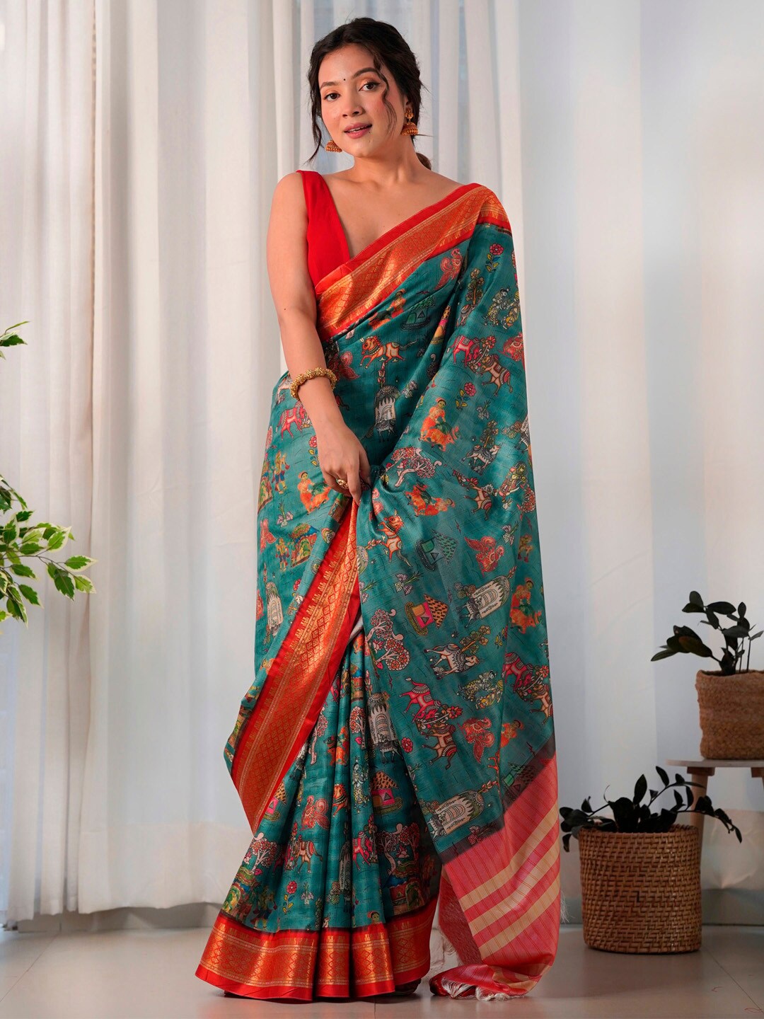 

Saree mall Ethnic Motifs Zari Sungudi Sarees, Teal