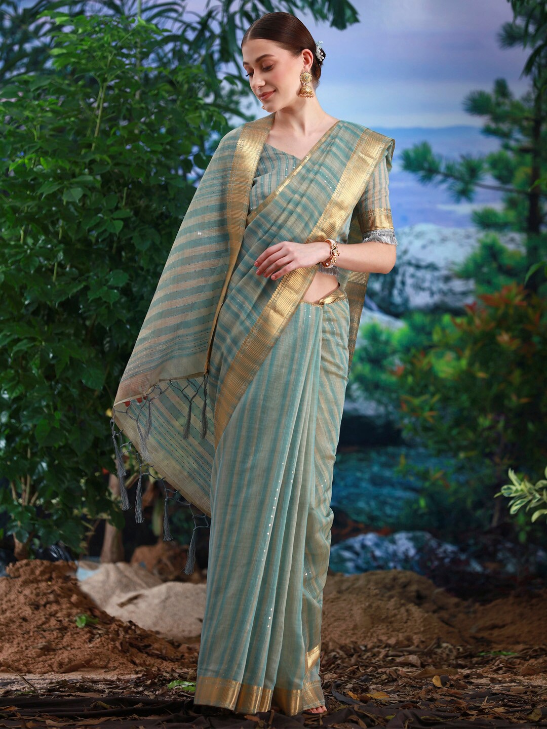 

Saree mall Striped Zari Pure Linen Banarasi Sarees, Sea green