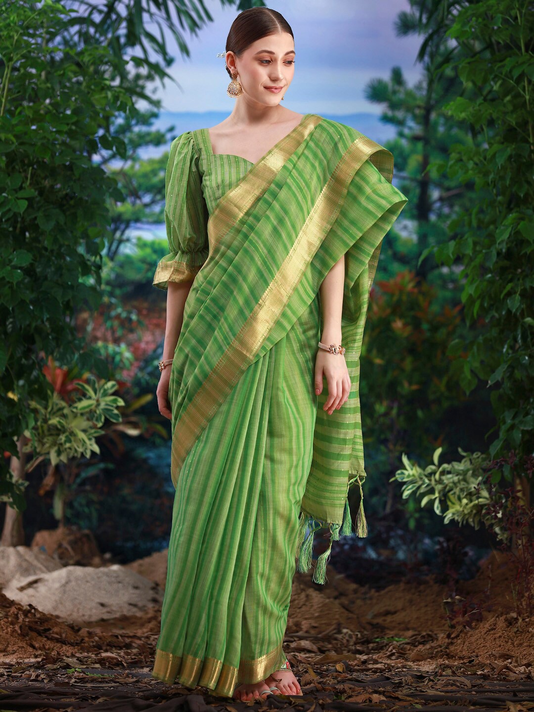 

Saree mall Striped Zari Pure Linen Banarasi Sarees, Green