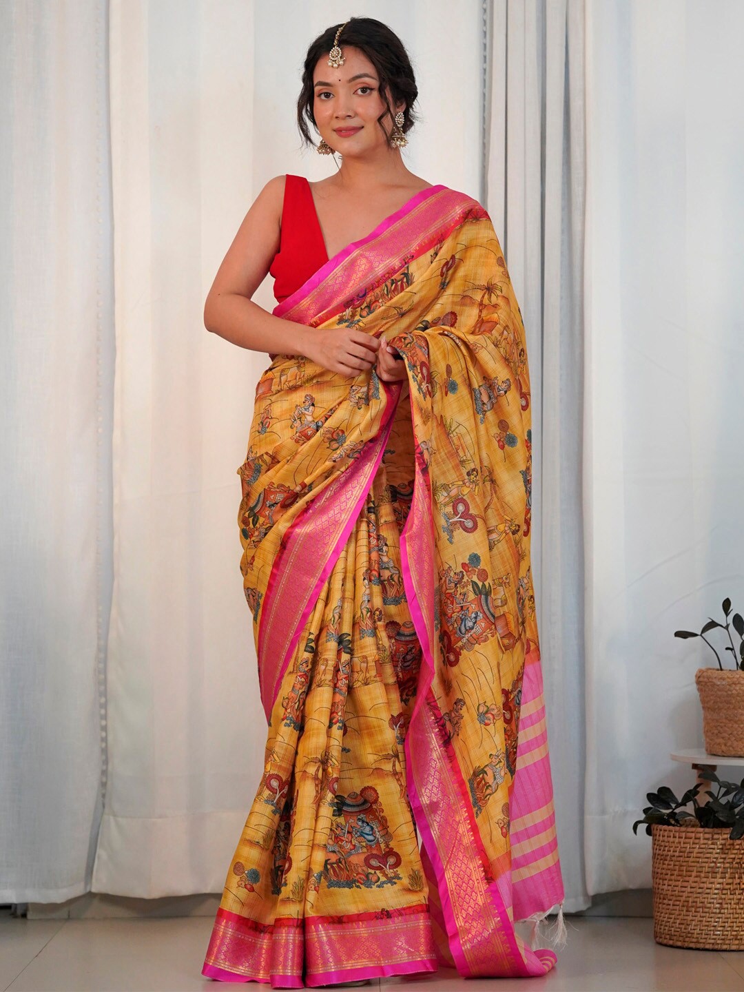 

Saree mall Ethnic Motifs Zari Sungudi Sarees, Mustard
