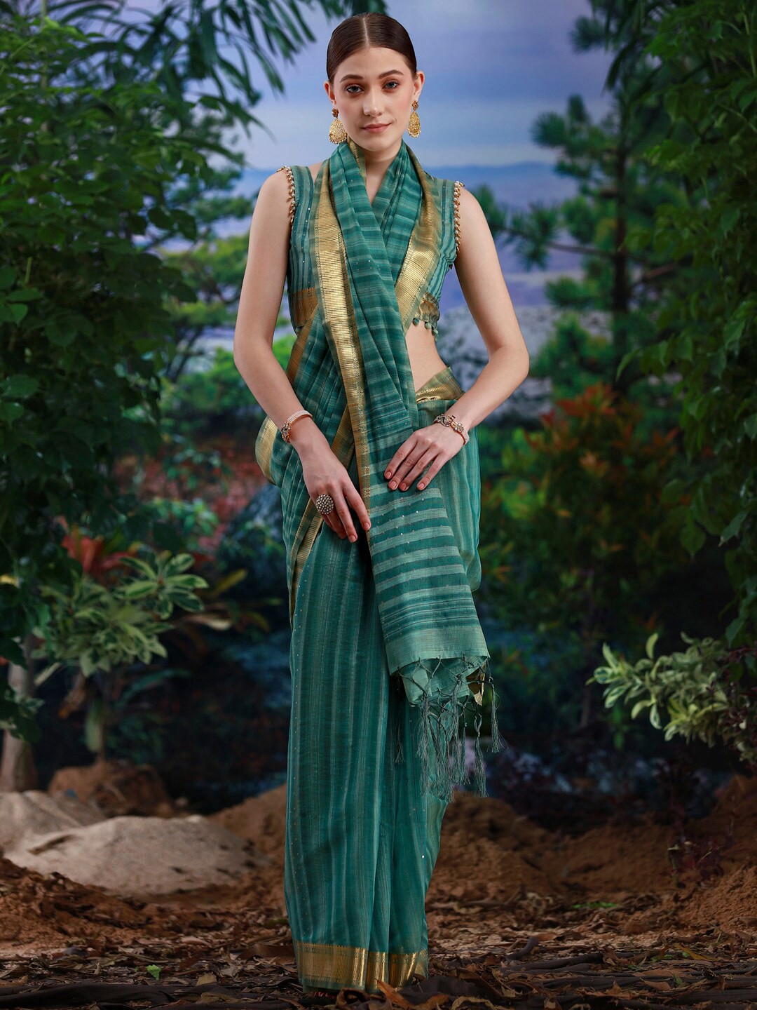 

Saree mall Striped Zari Poly Linen Banarasi Sarees, Teal