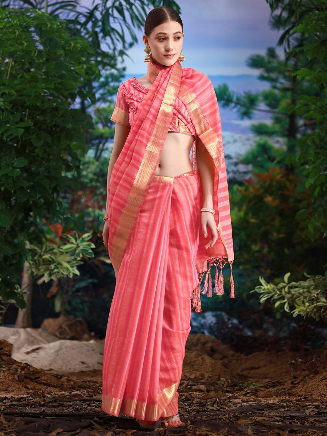 

Saree mall Striped Zari Poly Linen Banarasi Sarees, Pink