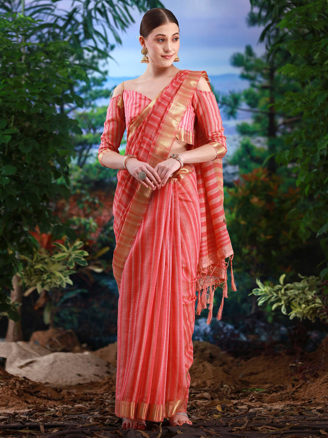 

Saree mall Striped Zari Pure Linen Banarasi Sarees, Pink
