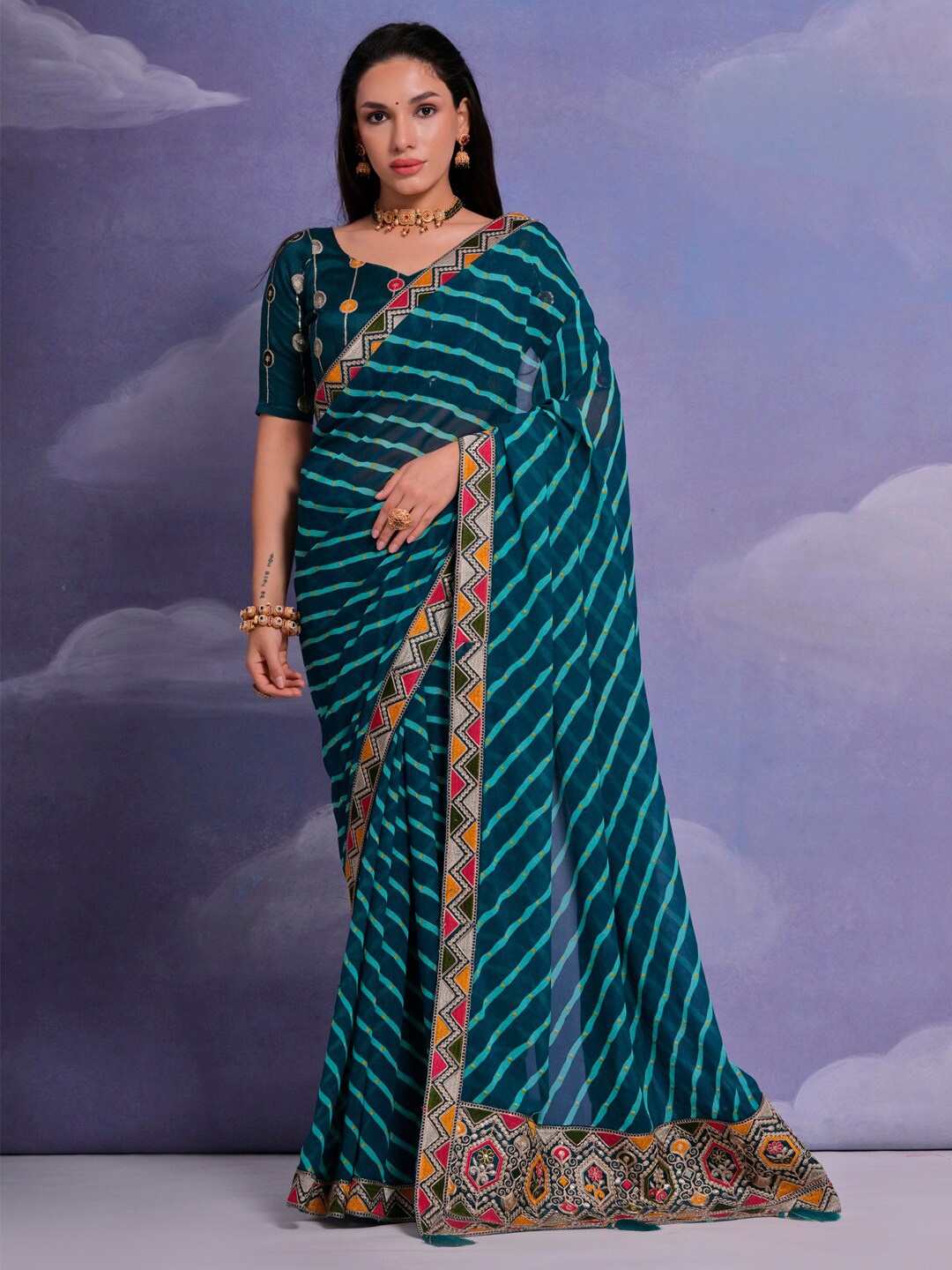 

Anouk Leheriya Embroidered Pure Georgette Saree, Teal