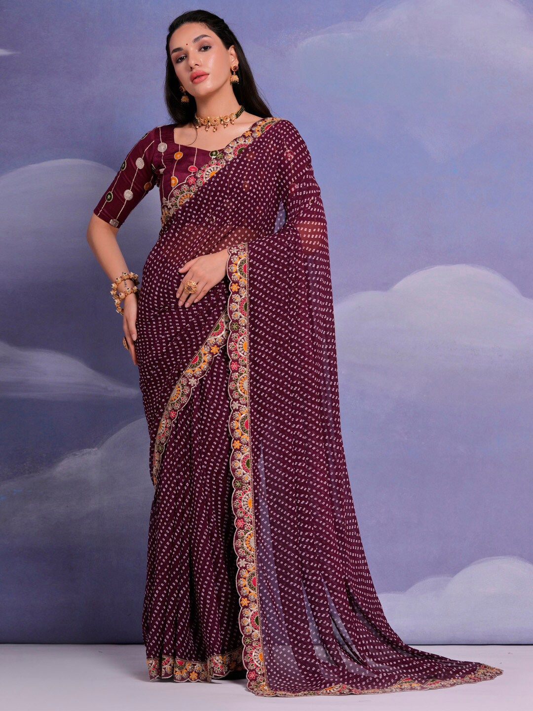 

Anouk Bandhani Embroidered Pure Georgette Saree, Purple