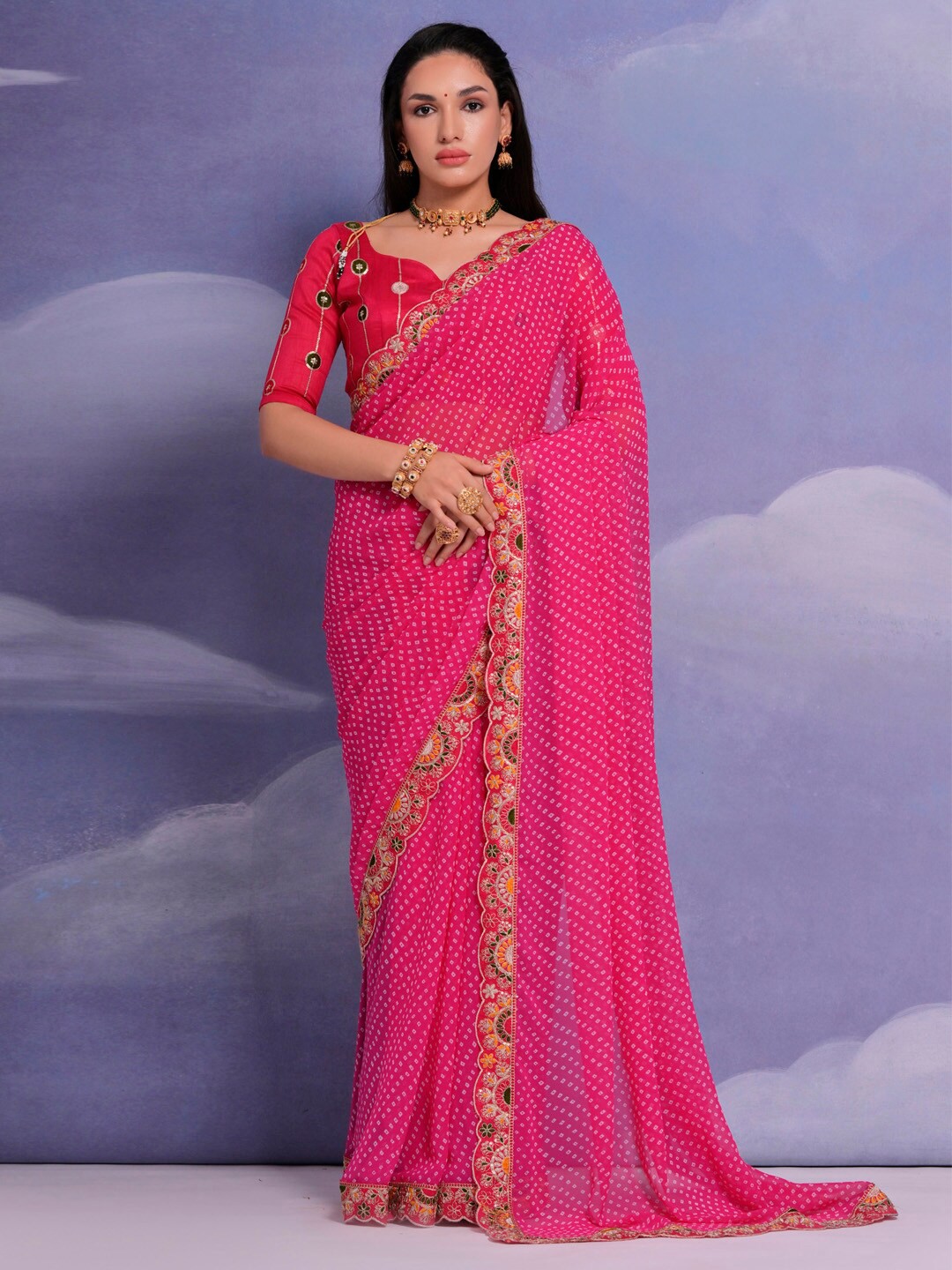 

Anouk Bandhani Embroidered Pure Georgette Designer Saree, Pink