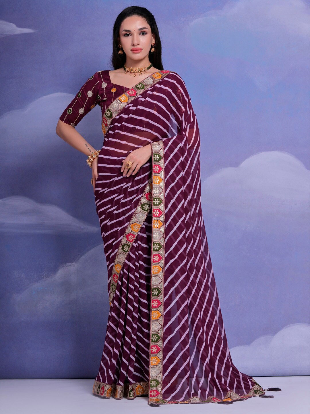 

Anouk Leheriya Embroidered Pure Georgette Saree, Purple