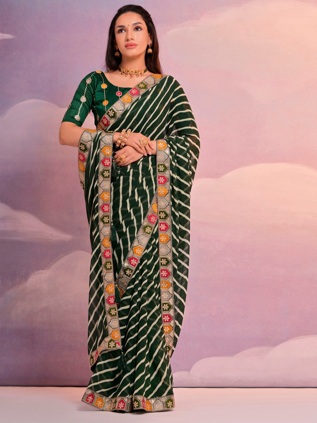 

Anouk Leheriya Embroidered Pure Georgette Saree, Green