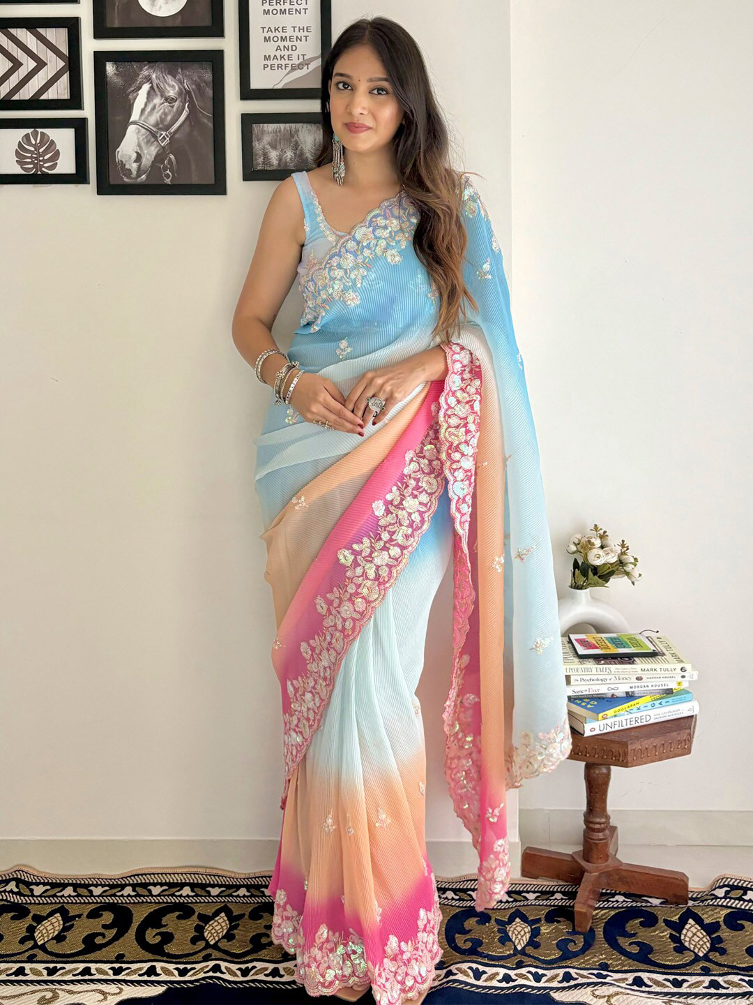

Anouk Floral Sequinned Pure Georgette Saree, Blue