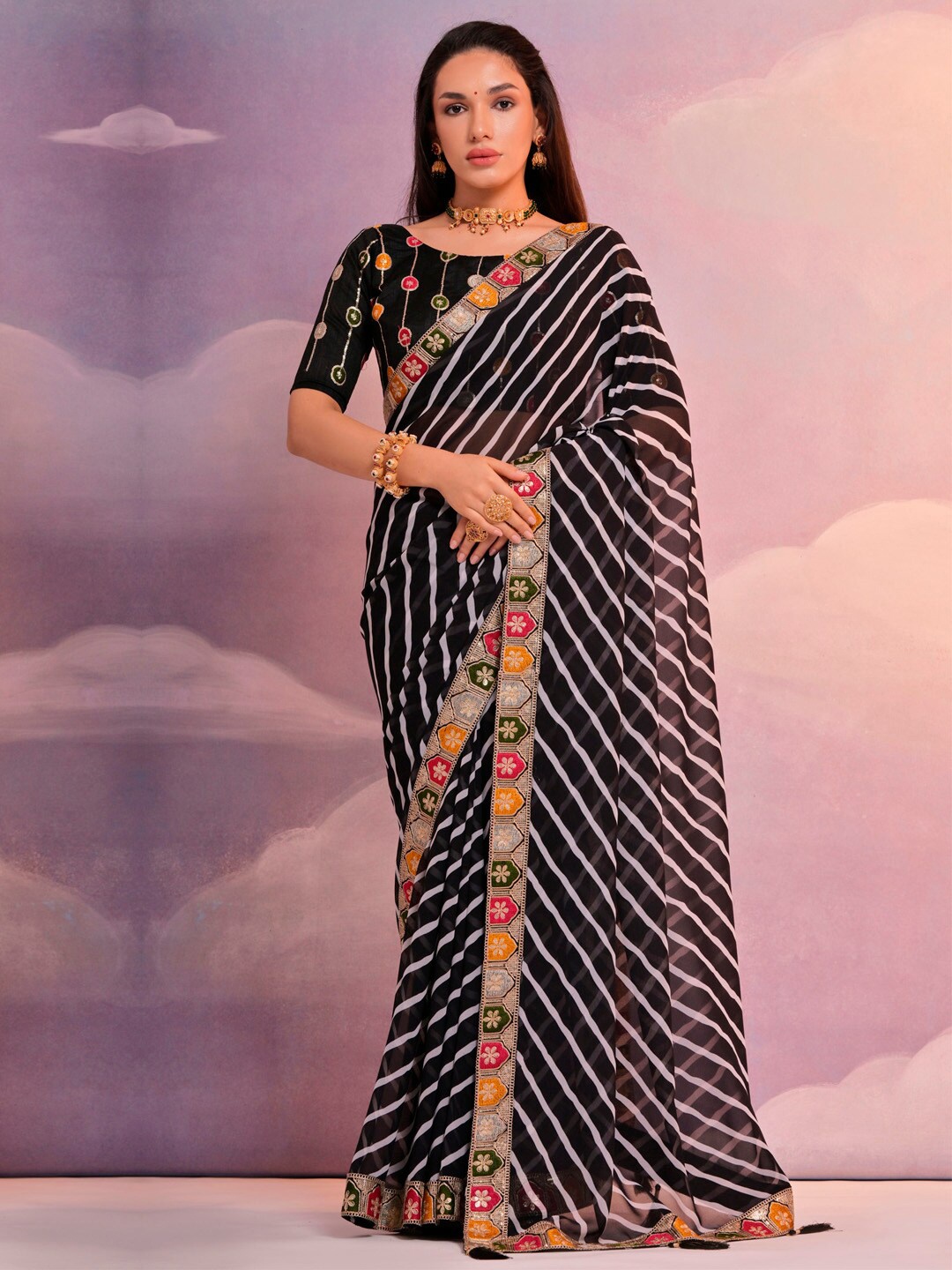 

Anouk Leheriya Sequinned Pure Georgette Saree, Black