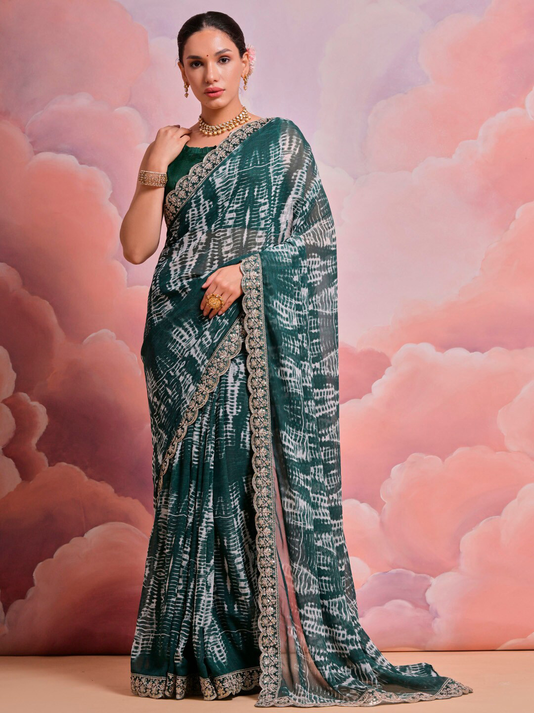 

Anouk Tie and Dye Pure Georgette Saree, Green