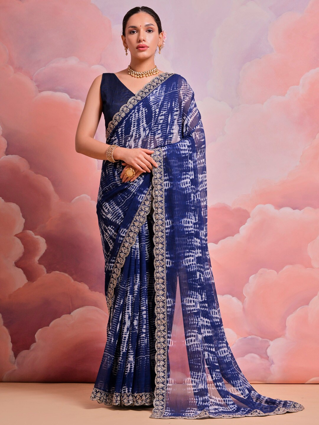 

Anouk Tie and Dye Sequinned Pure Georgette Saree, Navy blue