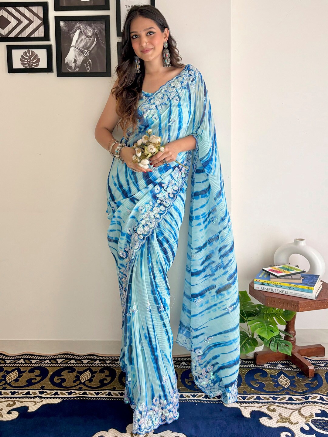 

Anouk Tie and Dye Sequinned Pure Georgette Saree, Blue