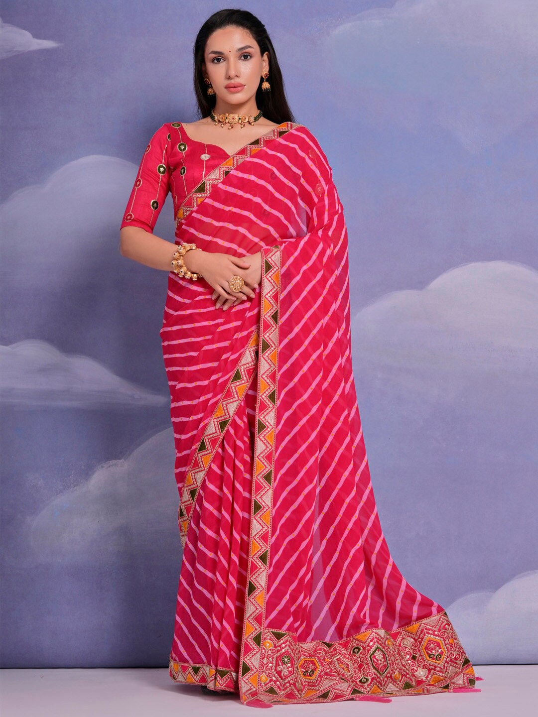 

Anouk Leheriya Embroidered Pure Georgette Saree, Pink
