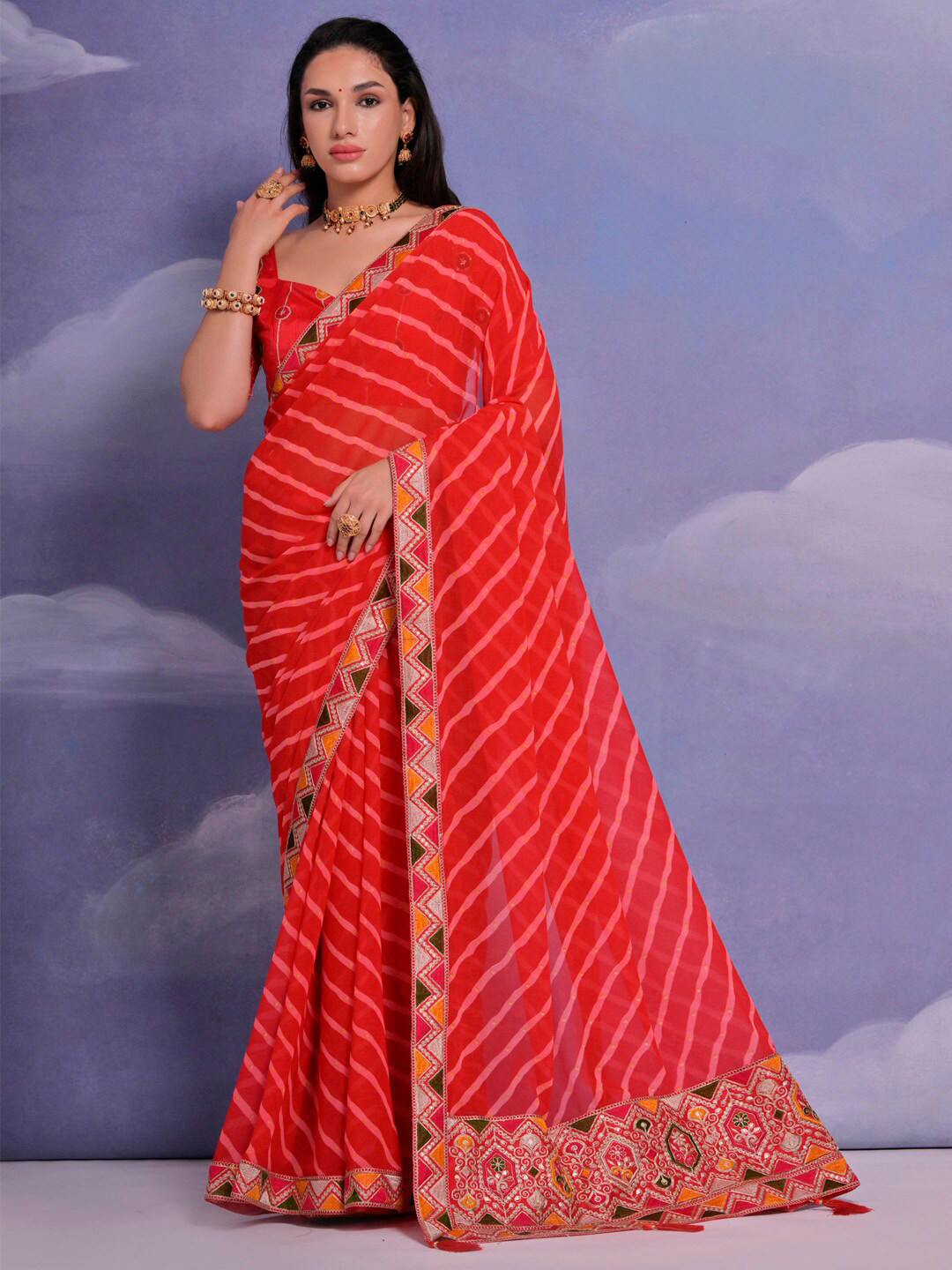 

Anouk Striped Embroidered Pure Georgette Saree, Red