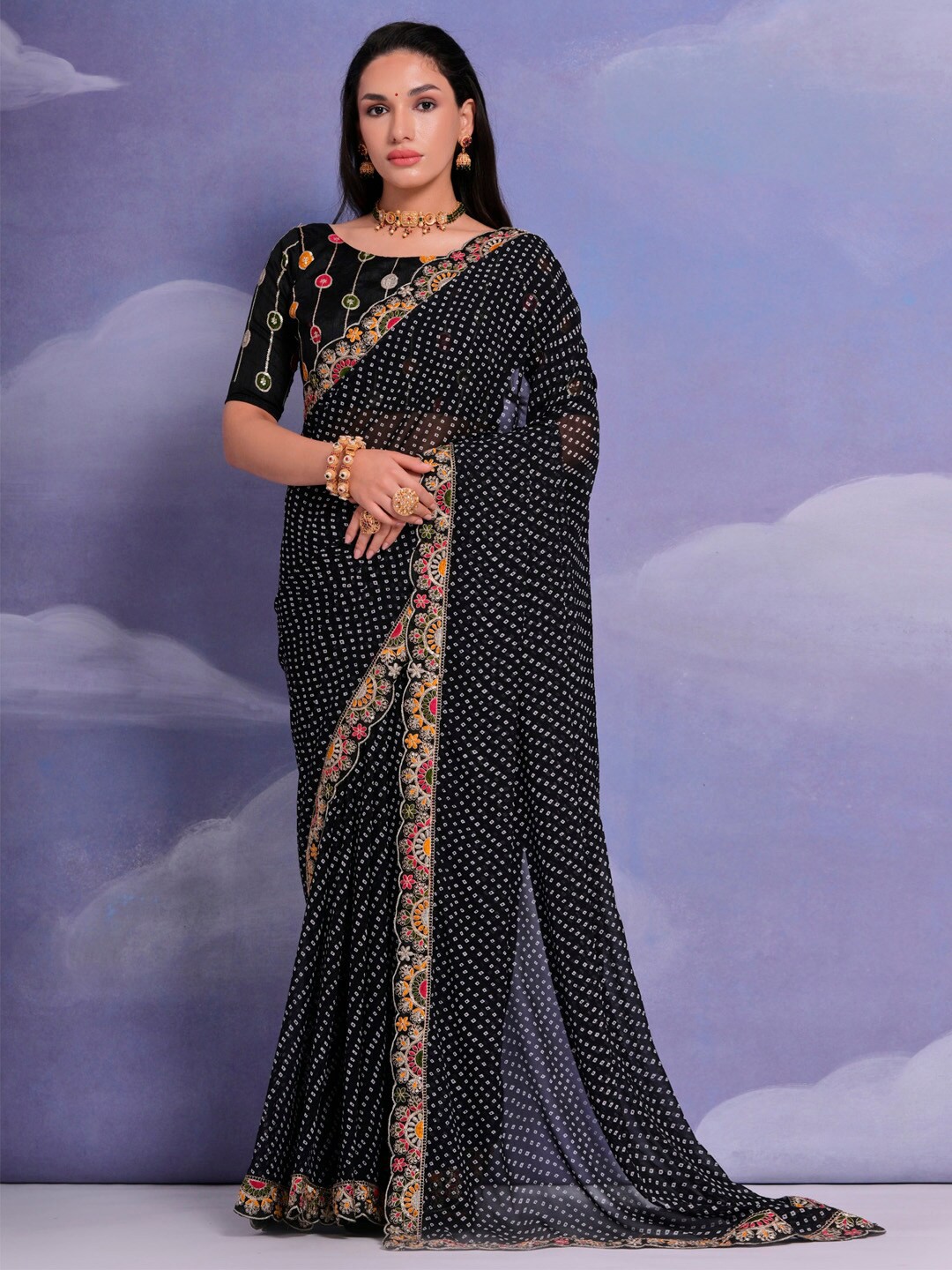

Anouk Bandhani Embroidered Pure Georgette Saree, Black
