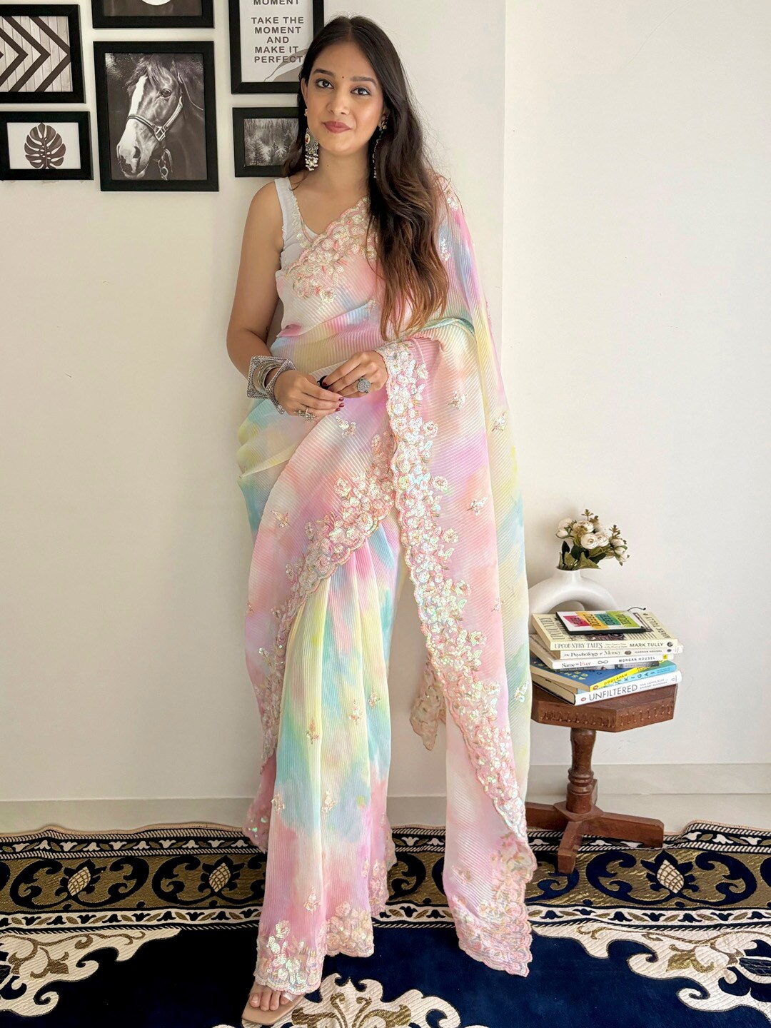 Anouk Tie and Dye Sequinned Pure Georgette Saree, Green