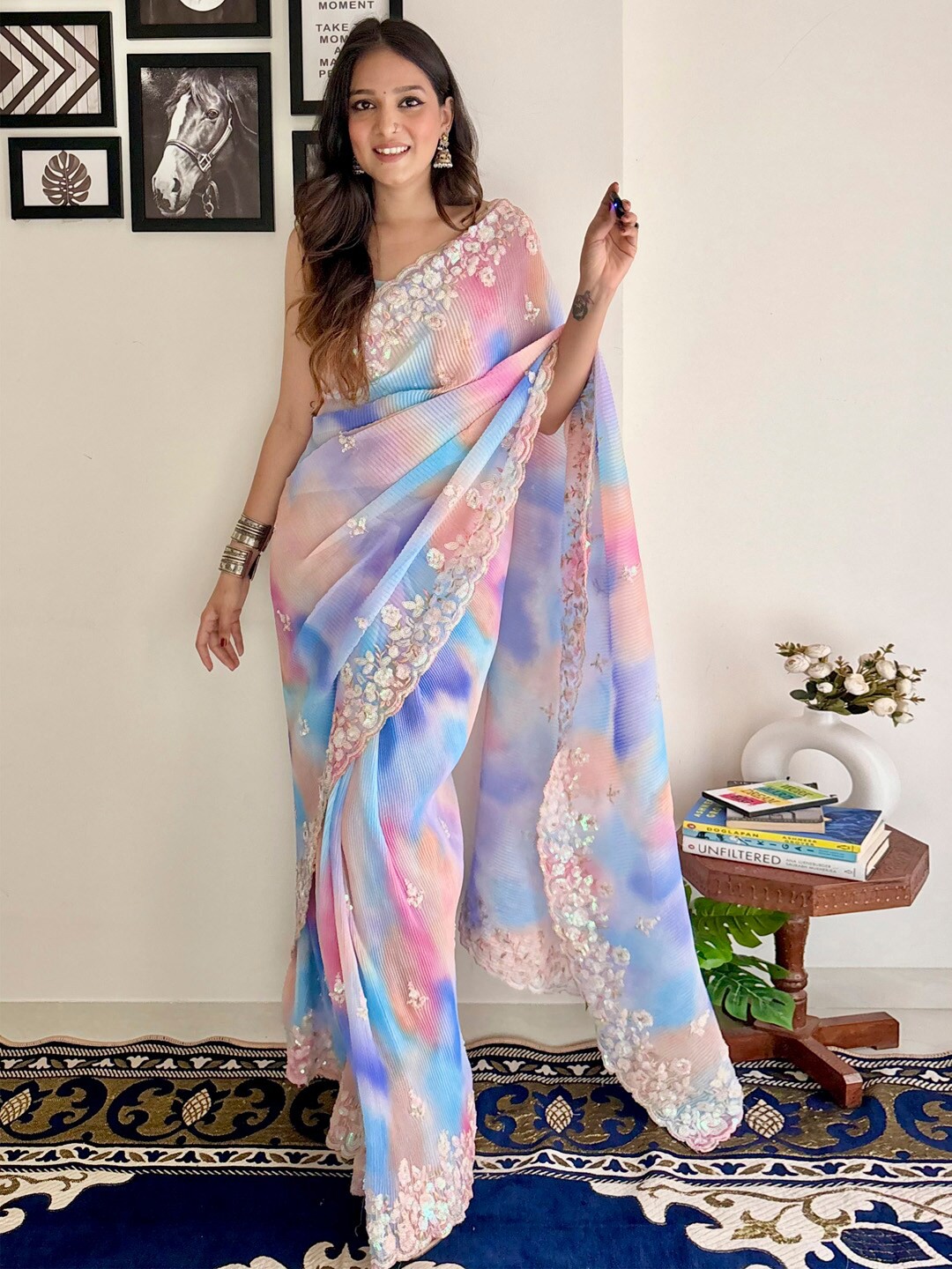 

Anouk Tie and Dye Sequinned Pure Georgette Saree, Blue