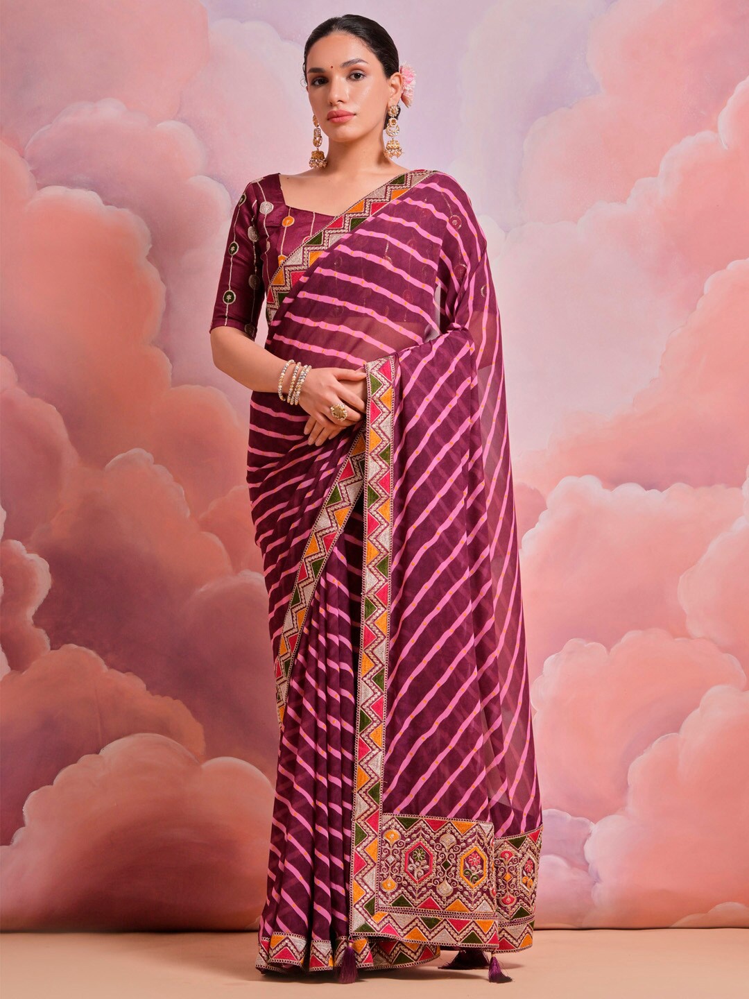 

Anouk Striped Embroidered Pure Georgette Saree, Purple