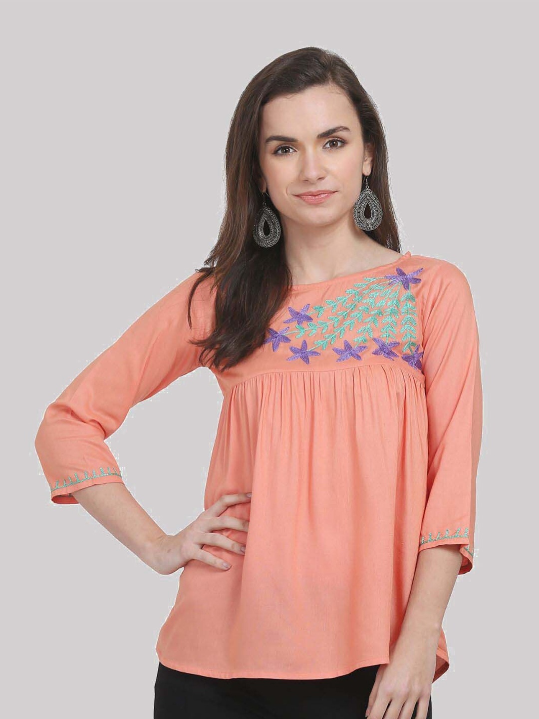 

SAAKAA Floral Embroidered Pure Cotton A-Line Top, Orange