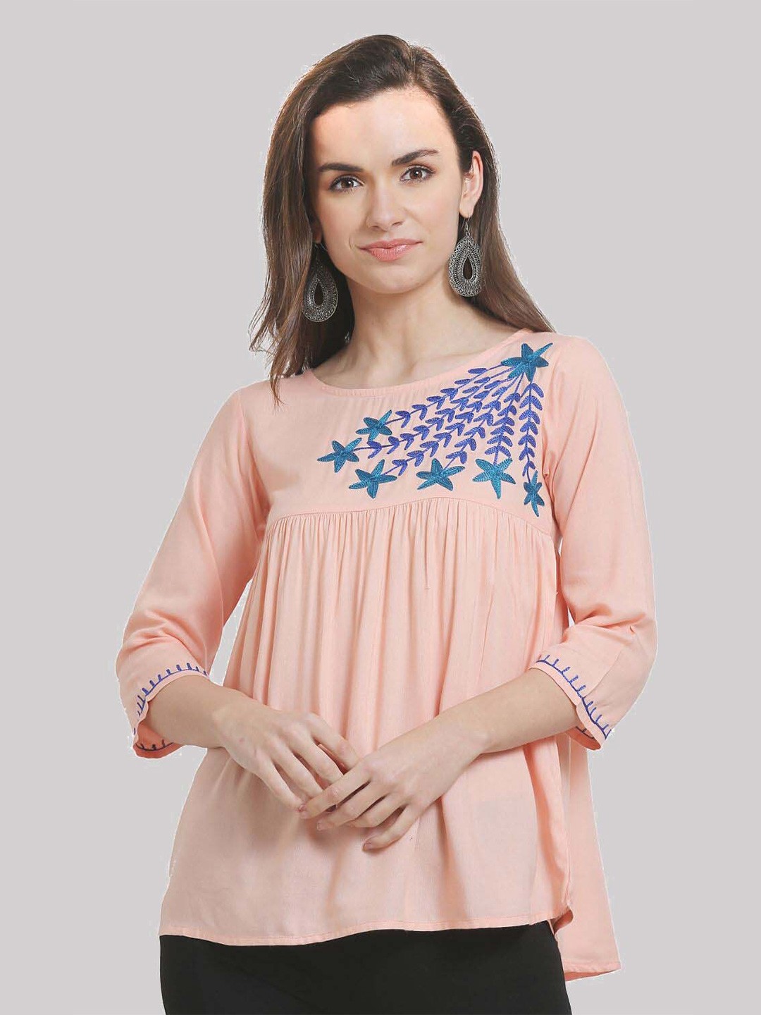 

SAAKAA Floral Embroidered Cotton Top, Peach