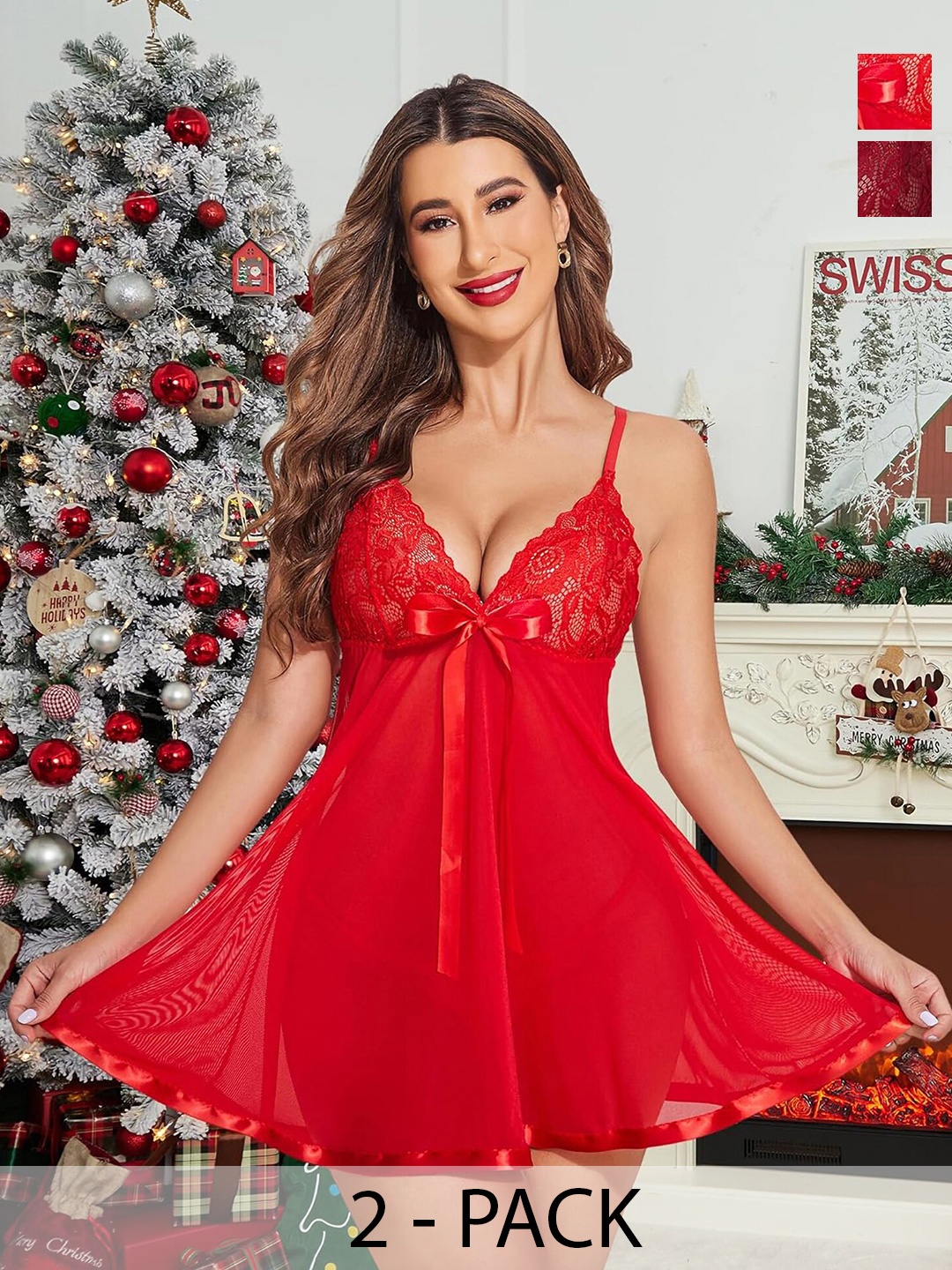 

In-Curve Women Net Baby Doll Pack of 2, Red