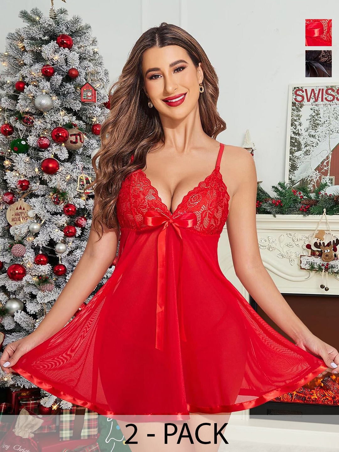 In-Curve Women Net Baby Doll Pack of 2, Red