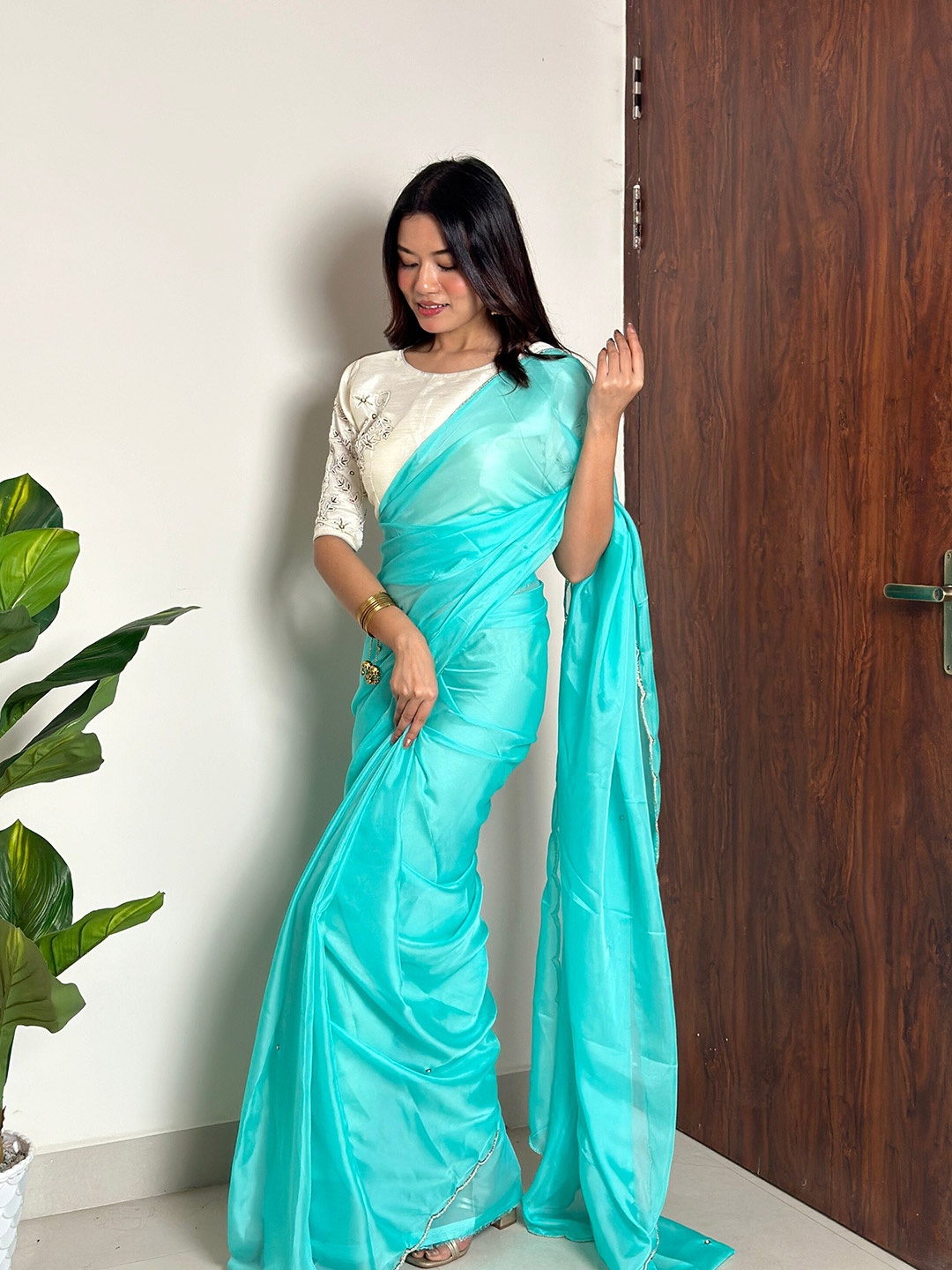 

Mitera Embellished Beads and Stones Organza Saree, Blue