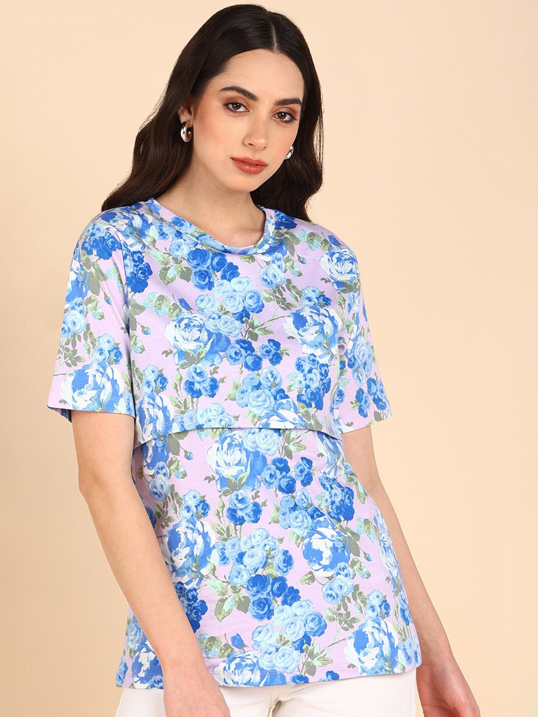 

House Of Zelena Floral Printed Maternity Cotton Top, Blue