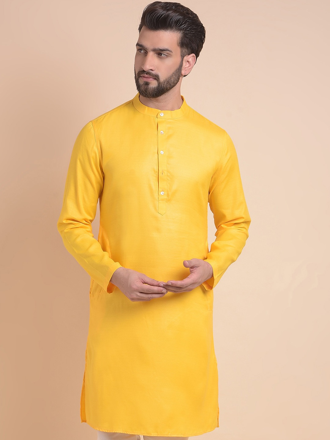 

Anouk Band Collar Cotton Silk Straight Kurta, Yellow