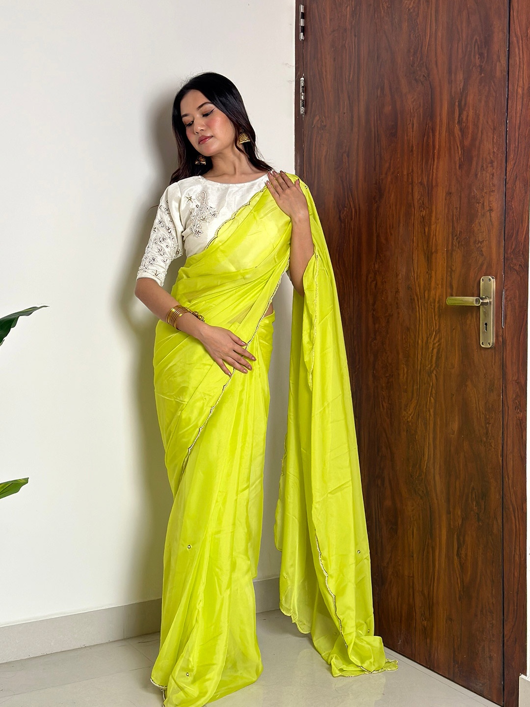 

Mitera Beads and Stones Organza Saree, Lime green