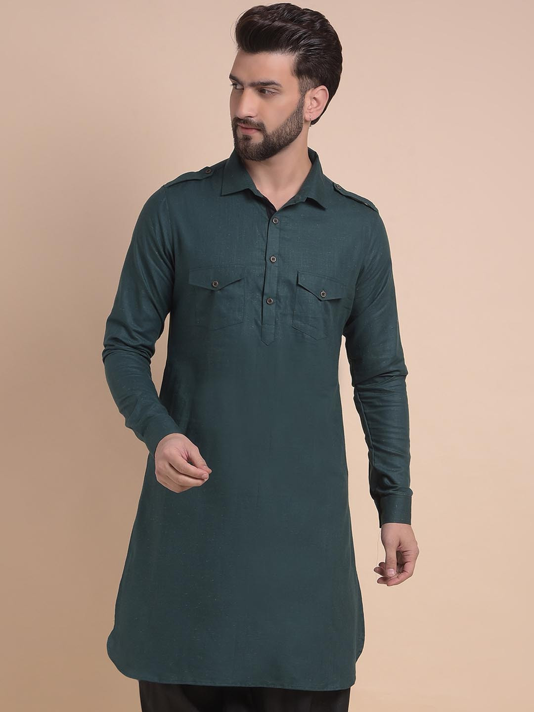 

Anouk Green Shirt Collar Long Sleeves Pathani Kurta