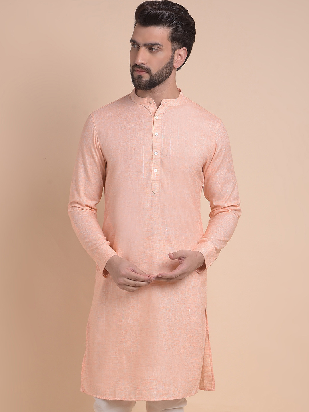 

Anouk Orange Striped Band Collar Long Sleeves Straight Kurta