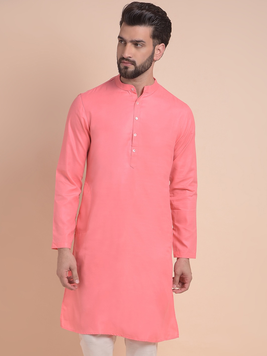 

Anouk Band Collar Cotton Silk Straight Kurta, Pink