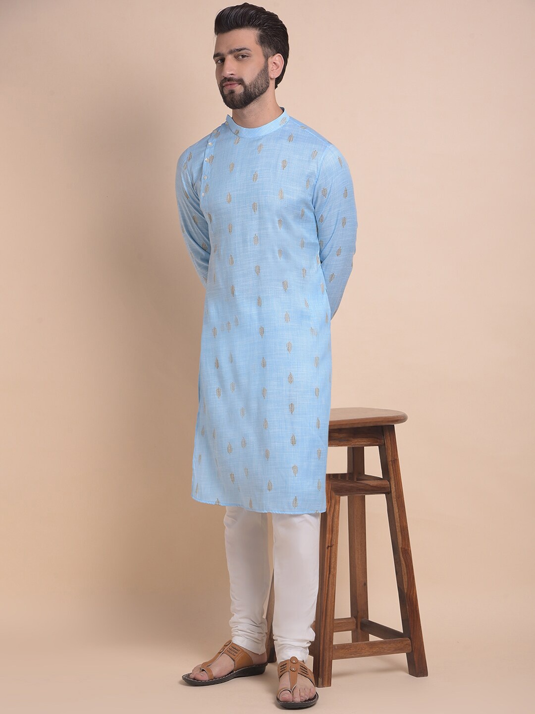 

Anouk Blue Ethnic Motifs Woven Design Mandarin Collar Jacquard Angrakha Kurta